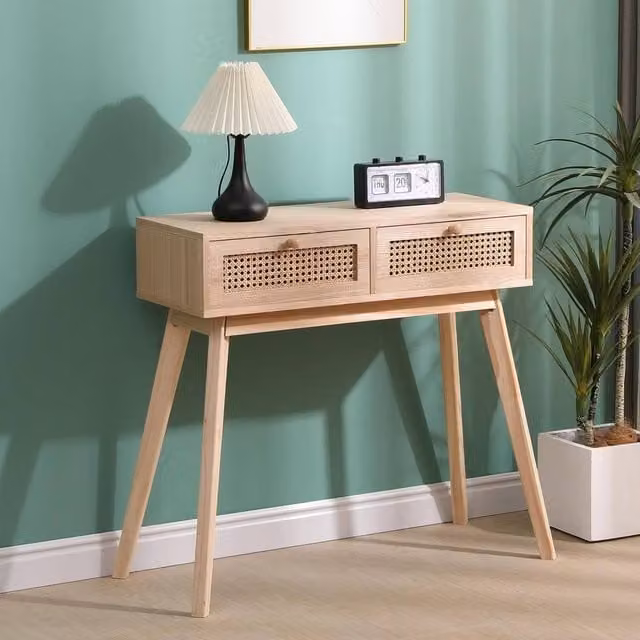 SPOT ON DEALZ Narrow Hallway Bedside Table with Rattan Drawers in Light Oak, W/D/H: 30.0 x 15.0 x 77.0 cm – 1