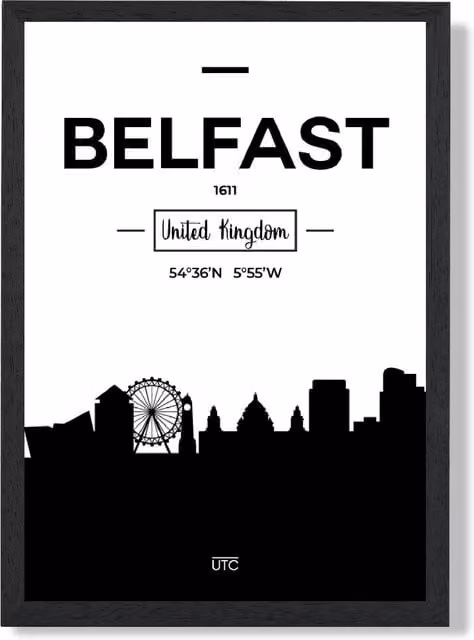 ARTZE Belfast Black and White City Skyline Framed Print in Black Frame, A3