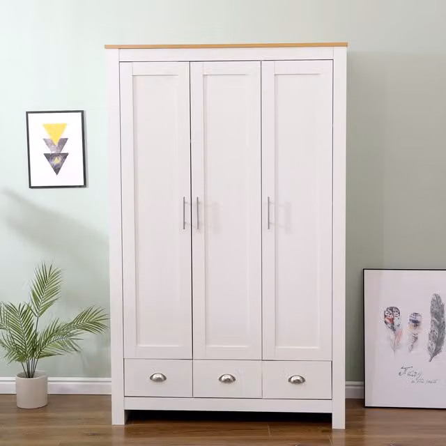 HMD Furniture Modern 3 Door 3 Drawer Wardrobe in White and Oak