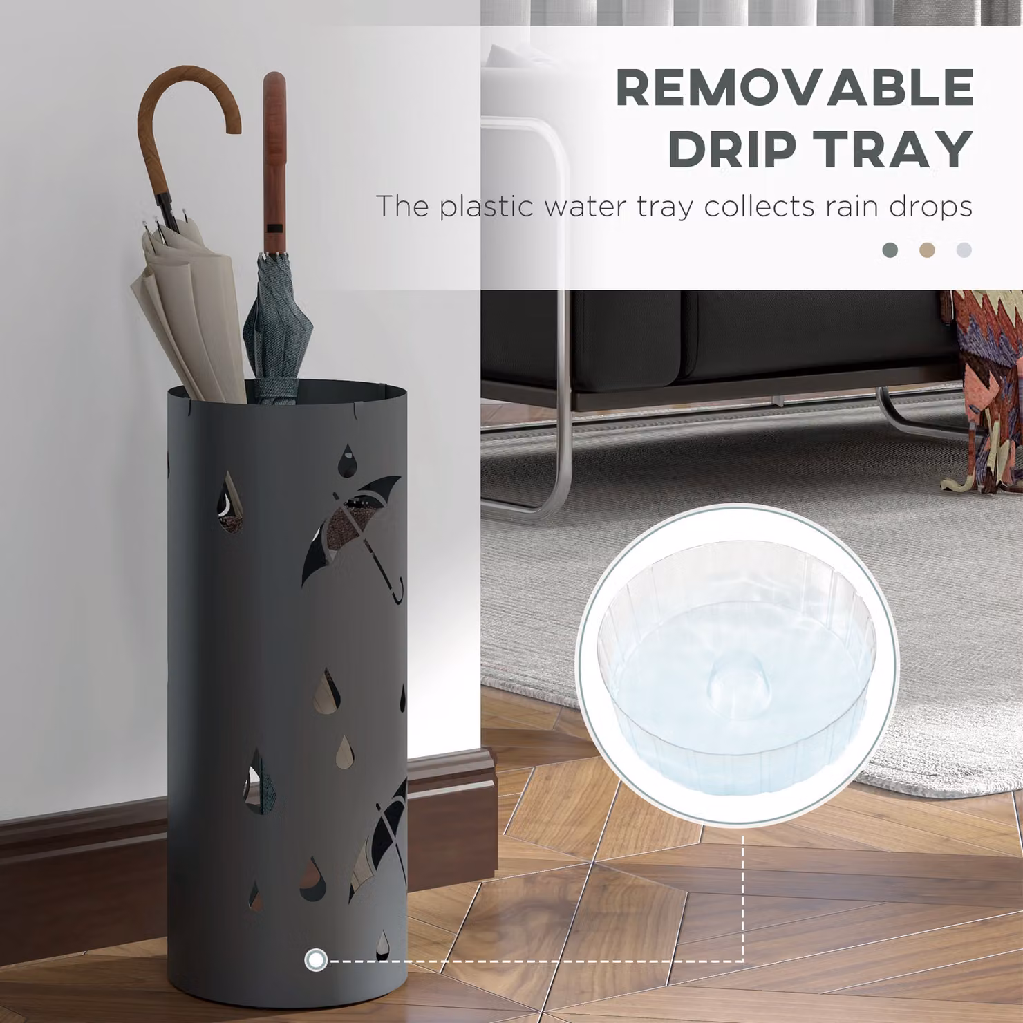 HOMCOM Circular Umbrella Stand with Hooks and Removable Water Tray, Dark Grey – 5