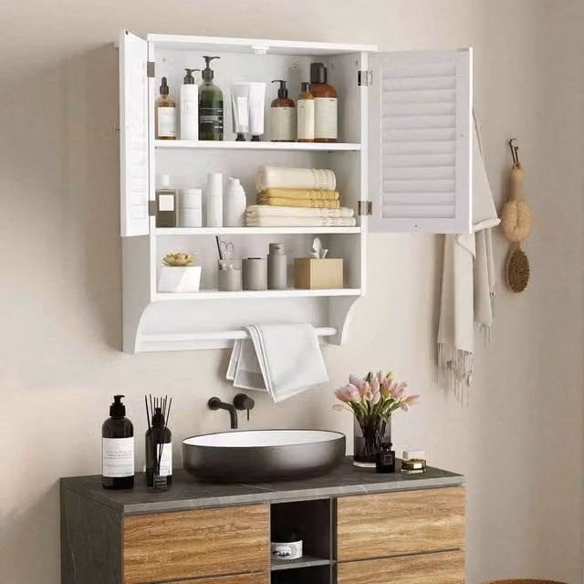 KORVIXA White Wall Mounted Bathroom Cabinet with Internal Shelves and Hinged Doors – 1