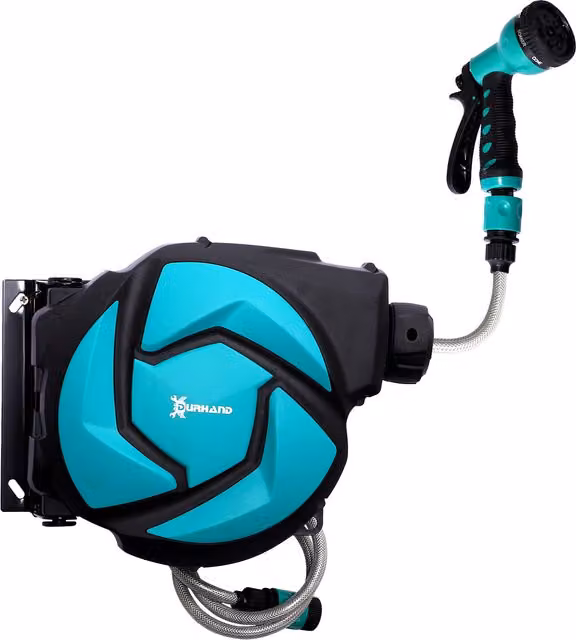DURHAND Wall Mounted Automatic Retractable Garden Hose Reel in Turquoise with 7 Pattern Spray Nozzle, 10m – 1