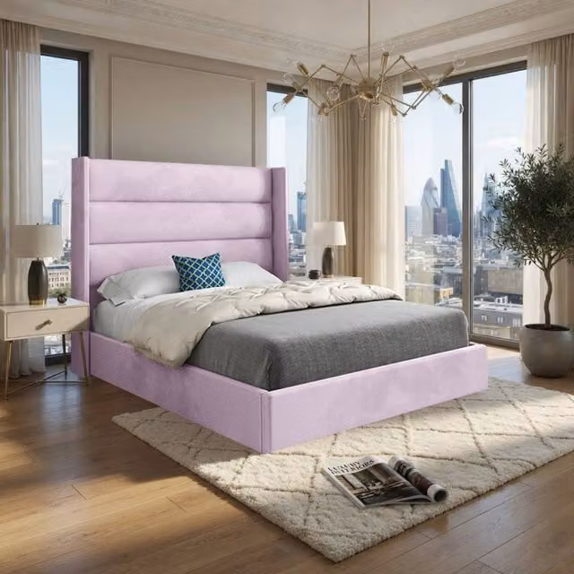 KDMD Shipbourne Winged Upholstered Single Bed Frame in Pink Soft Velvet – 1