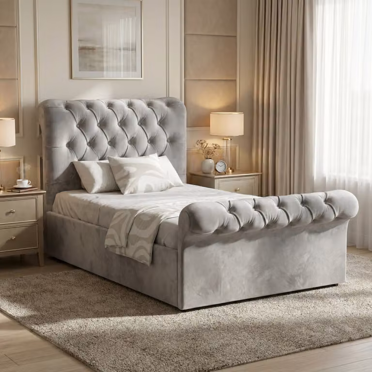 DHS Chesterfield Single Ottoman Storage Bed Frame with Side Lift Base in Grey Velvet Fabric, W/D/H: 90 x 190 cm