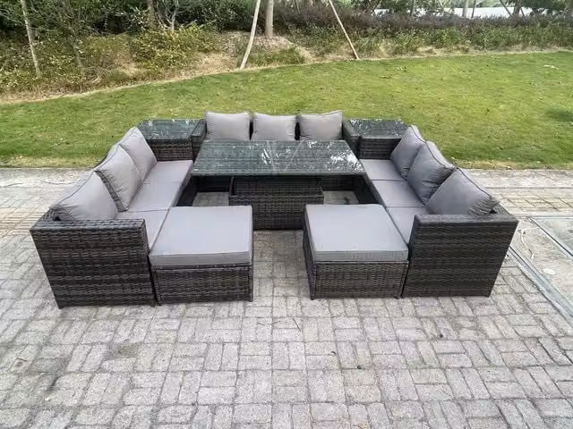 Fimous 11 Seater Dark Grey PE Rattan Garden Furniture Set with Adjustable Height Lifting Dining Table