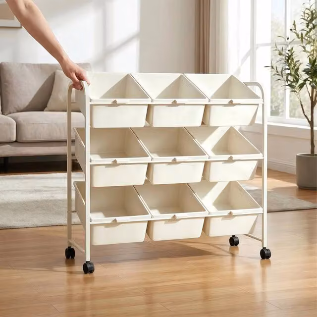 Kelvenix Triple Row Mobile Office Storage Cart in White Metal and Plastic