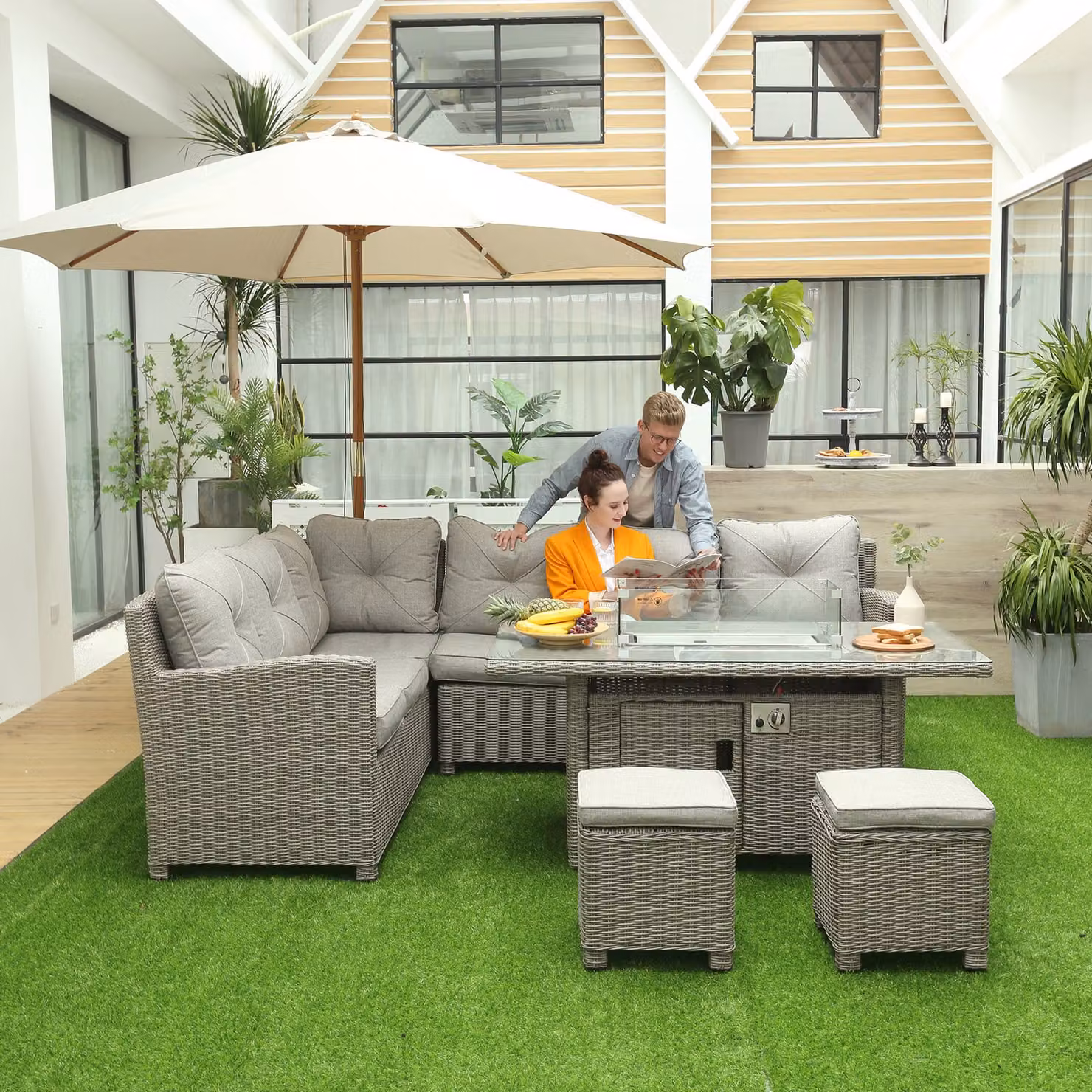 Outsunny 8-Seater L-Shape Outdoor Rattan Sofa Set with Fire Pit Table, Ottoman and Grey Olefin Cushions – 2