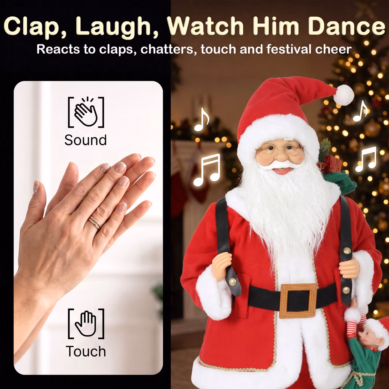 HOMCOM 4ft Animated Singing and Dancing Santa Claus Figure with Sack and Hanging Elf, Sound and Touch Activated, Height: 121.92 cm – 5