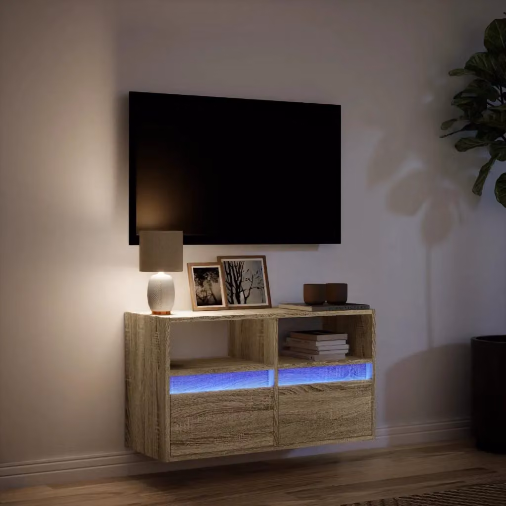 Berkfield Home Modern Wall Mounted TV Cabinet with LED Lighting in Sonoma Oak Brown, W/D/H: 80 x 31 x 45 cm – 2