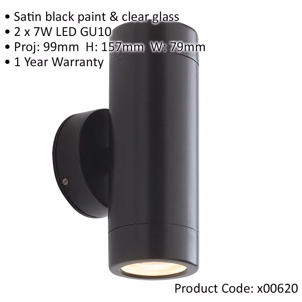 Loops 2 Pack Up & Down Twin Outdoor Wall Light, Satin Black with Transparent Glass – 2