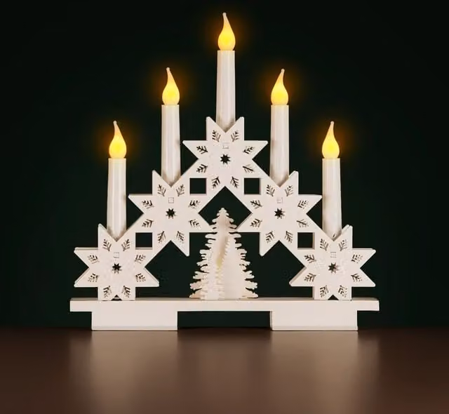 Marco Paul White Wooden Star Christmas Candle Bridge with 5 Faux Candles, W: 30.0 cm, D: 30.0 cm, H: 5.0 cm