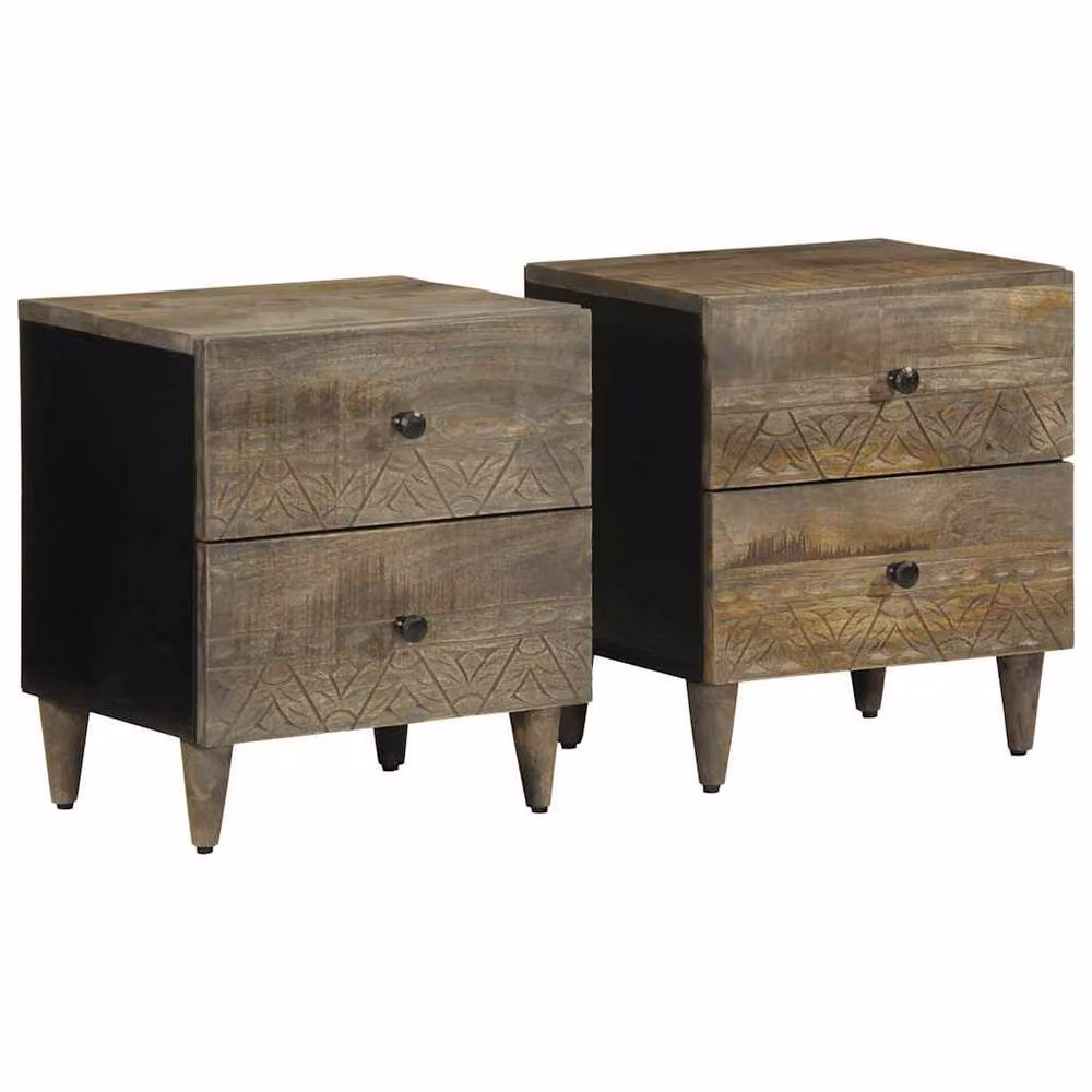 Berkfield Home Set of 2 Light Grey Mango Wood Bedside Cabinets, W/D/H: 40 x 33 x 46 cm – 2
