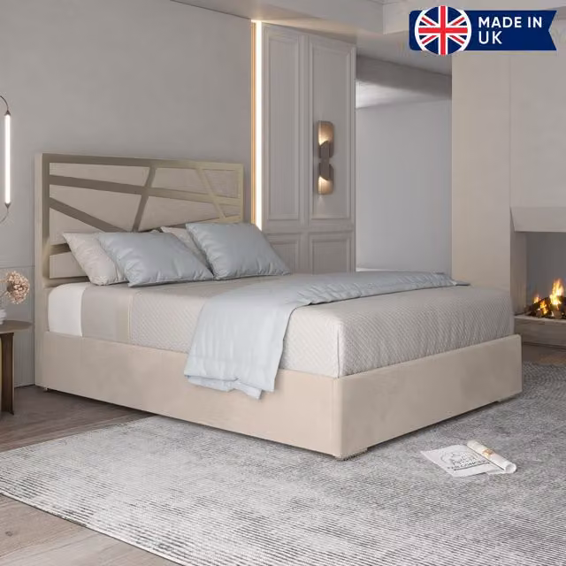 Casani Modern Upholstered Velvet Bed Frame with Metal Geometric Details in Beige, Gold or Silver, W/D/H: 140 x 200 cm – 1