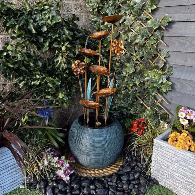 Tranquility Modern Metal Solar Water Feature Grey Round Tabletop Cascade Zinc Flower Bowl