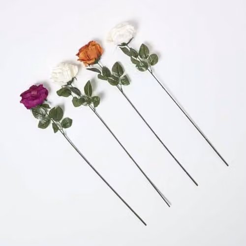 Homescapes Set of 4 Artificial Autumn Rose Stems in Orange, Pink, White, Purple and Multicolour – 1