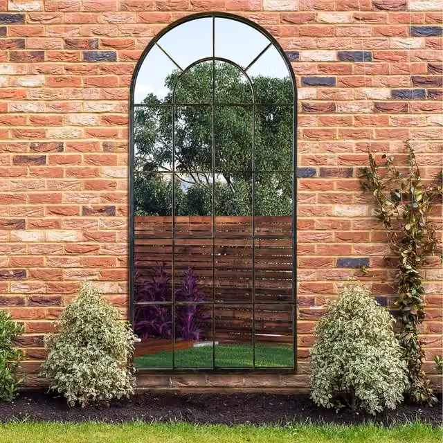 MirrorOutlet Arcus Antique Black Framed Arched Window Garden Wall Mirror
