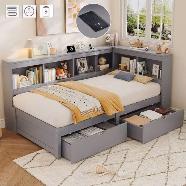 Matteo Single L-Shape Daybed with Storage and USB Charging Port in Grey Fabric