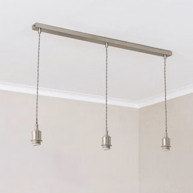 Shaw 3 Way Drop Bar Adjustable Pendant Ceiling Lampholder in Brushed Chrome with E27 Socket