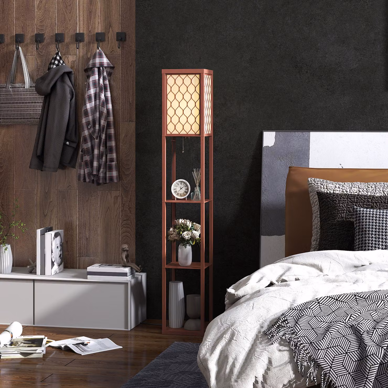 HOMCOM Three-Shelf Modern Floor Lamp in Brown and White with Fabric Shade and Pull Chain, H 160 x W 26 x D 26 cm – 7