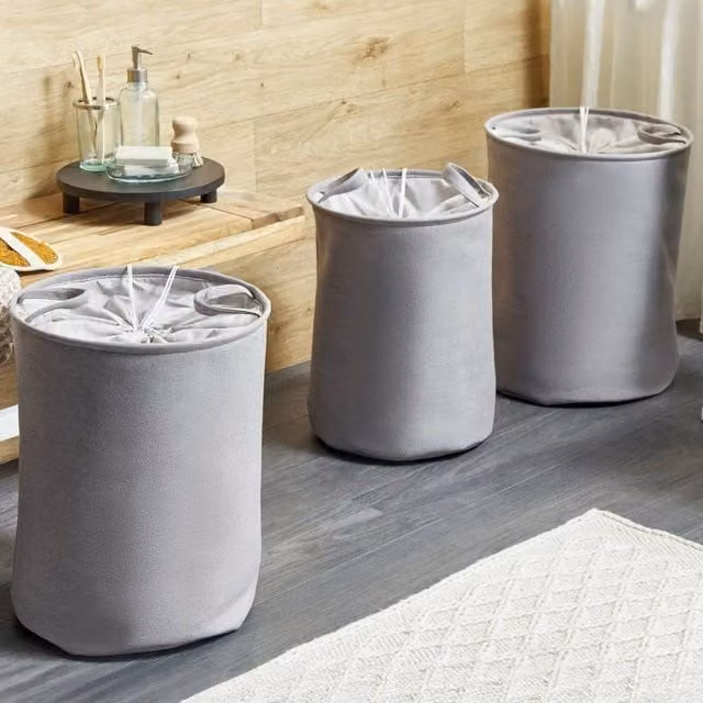 Wyld and Coco Grey Round Drawstring Storage Baskets, Set of 3, Cotton Fabric