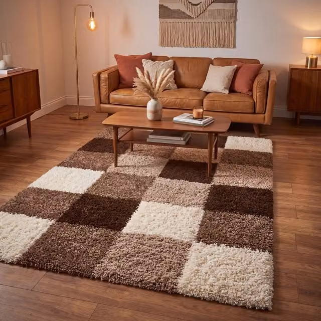 Bravich California Checked Shaggy Rug in Beige and Multicolour, W: 150 cm, D: 80 cm