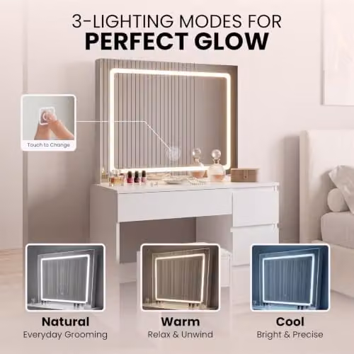 Kosy Koala Modern Dressing Table Set with Hollywood LED Mirror and Stool in White, W: 94 cm, D: 42 cm, H: 140 cm – 4