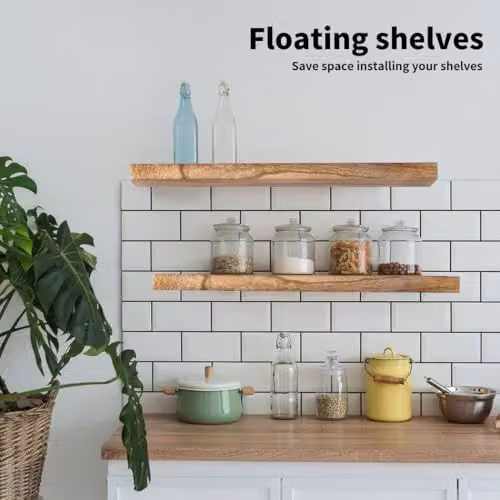 Levede Set of 2 Floating Wall Shelves in Natural Brown Rustic Solid Paulownia Wood with Steel Brackets, W: 91 cm – 2
