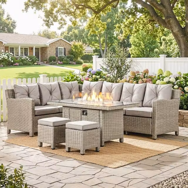 OUTSUNNY 5 Piece Grey Rattan Outdoor Corner Dining Set with Gas Fire Pit Table and Footstool – 1