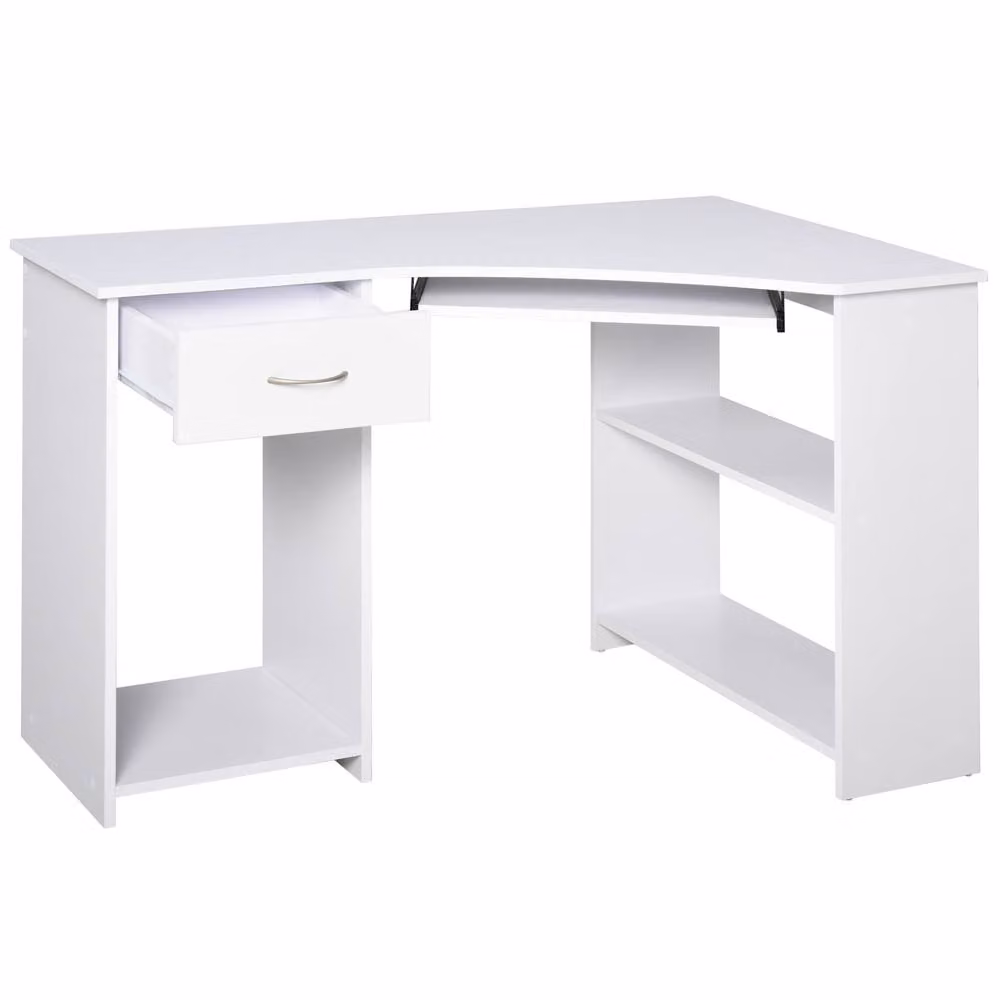 Rolipo L-Shaped Corner Computer Desk with Keyboard Tray, Drawer and CPU Stand in White – 2