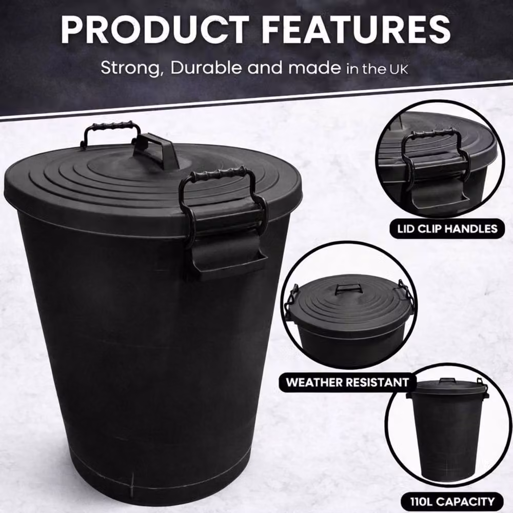 SPETLEK Set of 2 Large 110L Black Plastic Bins with Flip Lid – 3