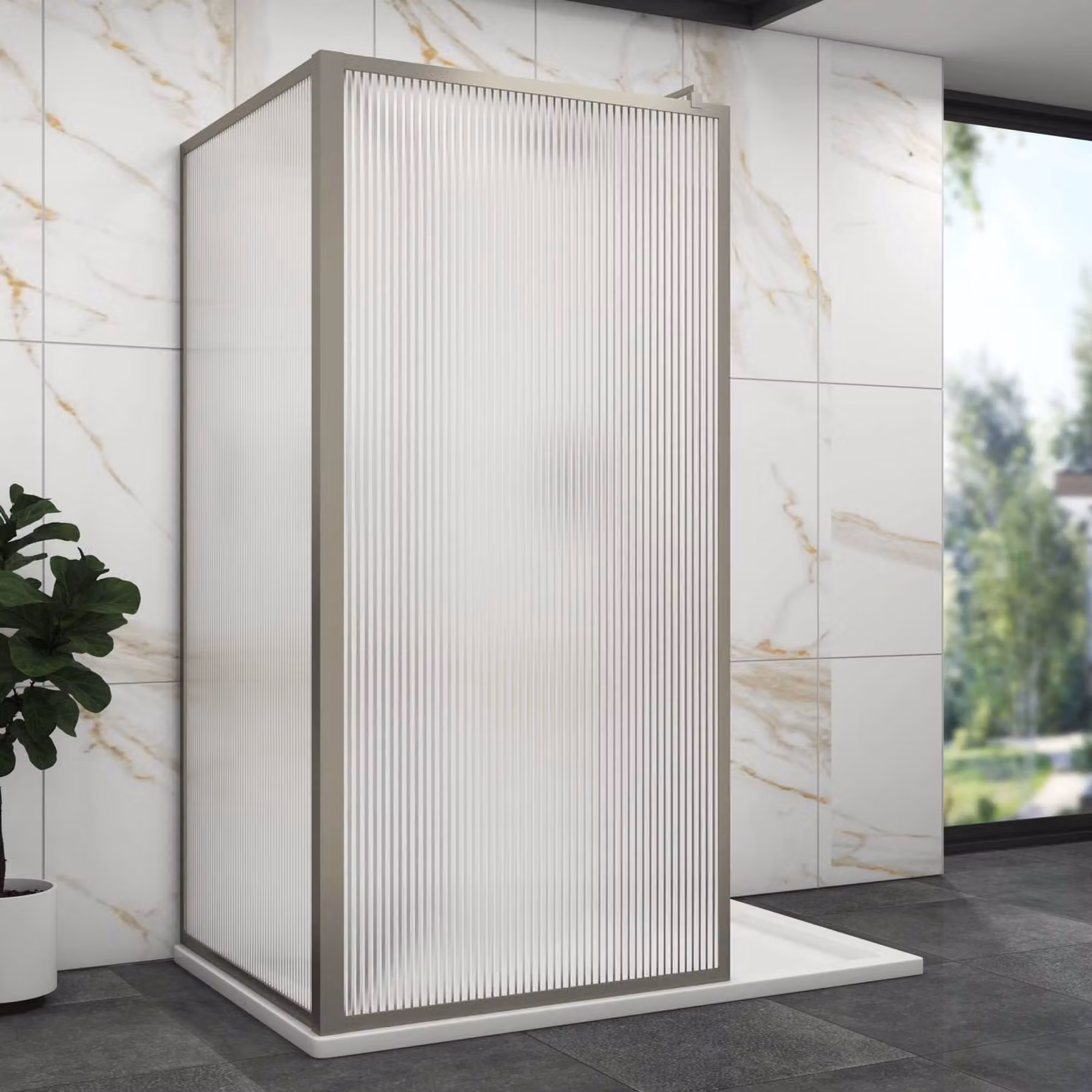 Luxor 2 Sided Walk In Fluted Shower Enclosure with Acrylic Tray and Gun Metal Grey Frame, W/D: 120 x 70 cm, 8mm Easy Clean Glass