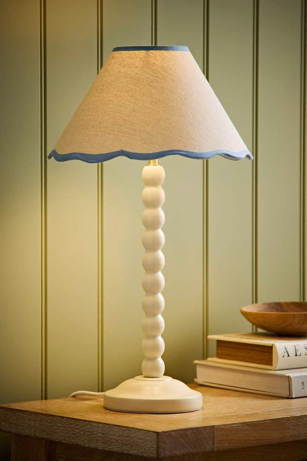 ValueLights Bobbin Cream Table Lamp with Blue Trim Linen Shade and LED Bulb – 2