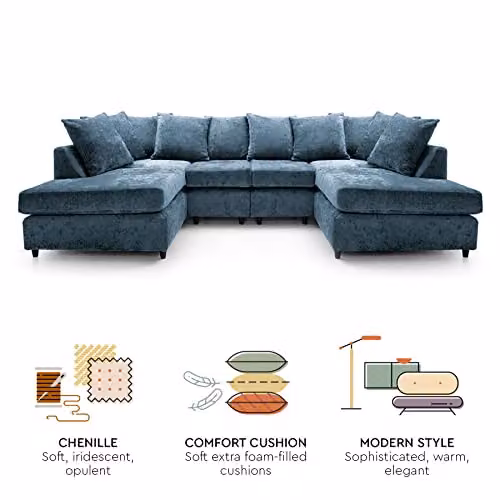 Abakus Direct Harriet U-Shape Sofa in Blue Crushed Chenille Fabric – 5
