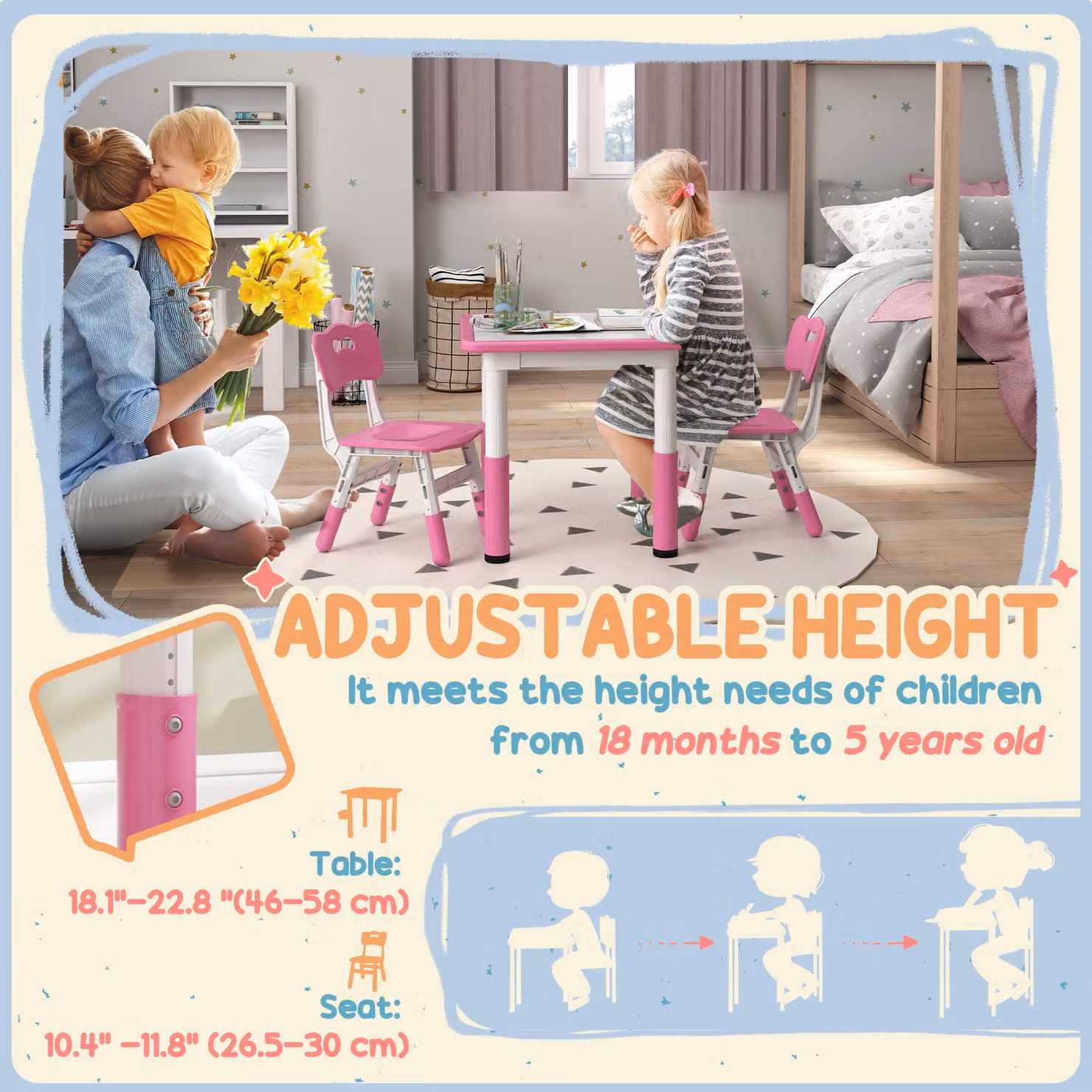 AIYAPLAY Height Adjustable Toddler Table and 2 Chairs Set in Pink – 2