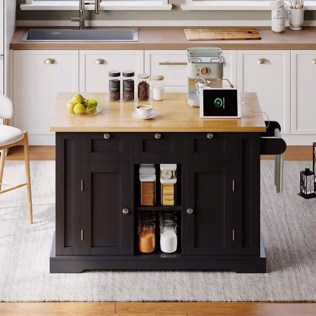 Aosom UK Versatile Kitchen Island Trolley with 3 Drawers, 2-Door Cupboards and Extendable Worktop, Natural and Black, W: 132 cm, D: 70 cm, H: 87 cm – 1