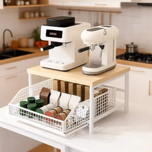 Kelvenix White 2-Tier Freestanding Kitchen Countertop Organizer in Metal and Wood