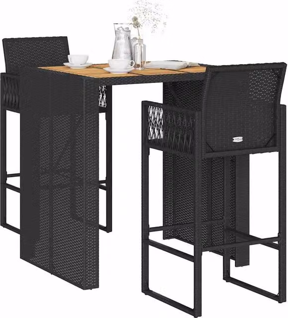 Berkfield Home 3 Piece Black Poly Rattan Garden Bar Set with Acacia Wood