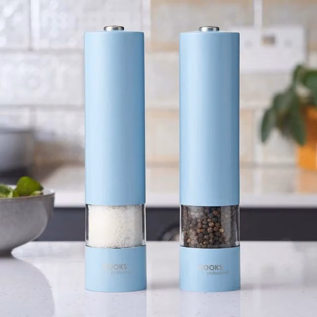 Cooks Professional Electric Automatic Salt and Pepper Mill Set in Blue Stainless Steel and Glass