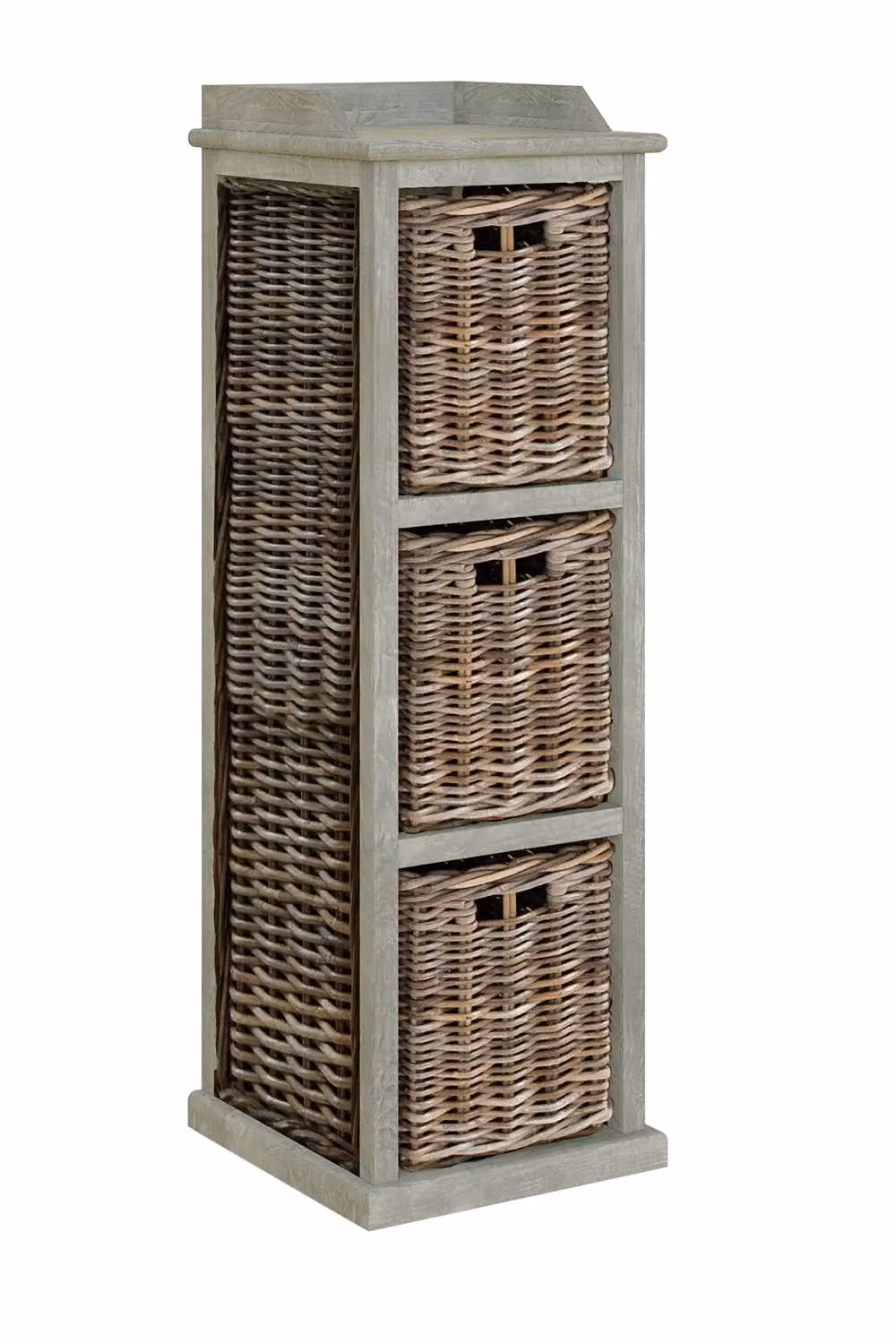 FWStyle Ready Assembled 3 Drawer Tall Storage Unit in Greywash Pine and Rattan, Grey – 2