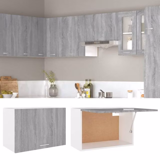 Berkfield Home Grey Sonoma Wall Mounted Hanging Kitchen Cabinet with Hinged Doors, W/D/H: 60 x 31 x 40 cm