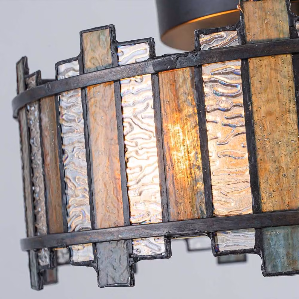 Netlighting Sentry 2 Light Semi Flush Ceiling Light in Black and Multicolour Art Glass – 4