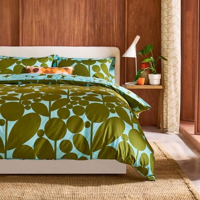 Orla Kiely Bubble Flower Reversible Cotton Duvet Cover Bedding Set in Aqua Seagrass and Green