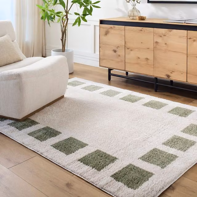 Livabliss Fossay Shag Washable High Pile Geometric Rug in Beige, Brown, Green and Grey, W: 200 cm, D: 275 cm – 1