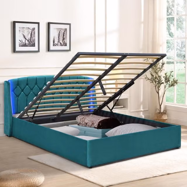 Comfy Living Green Fabric Upholstered Gas Lift Bedframe with LED Headboard, W/D/H: 140 x 200 cm