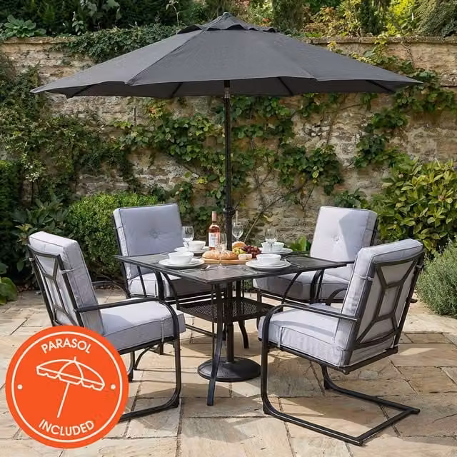 Monte Carlo 4 Seater Spring Rocker Set with Rectangular Glass Table in Black and Grey