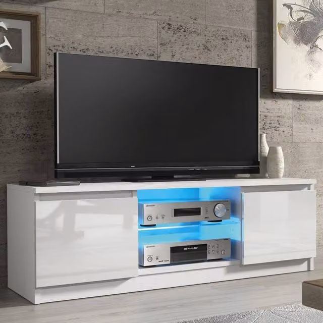 Creative Furniture Aura TV Unit in White with Glossy Doors and LED Lights, W/D/H: 120 x 40 x 38 cm