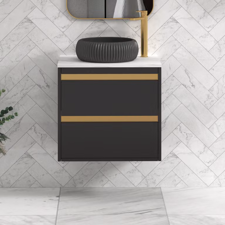 Royal Bathrooms Orion 800mm Matt Obsidian Black Wall Hung Vanity Unit with 2 Drawers, Milan Black Basin and Brushed Brass Accent Trim