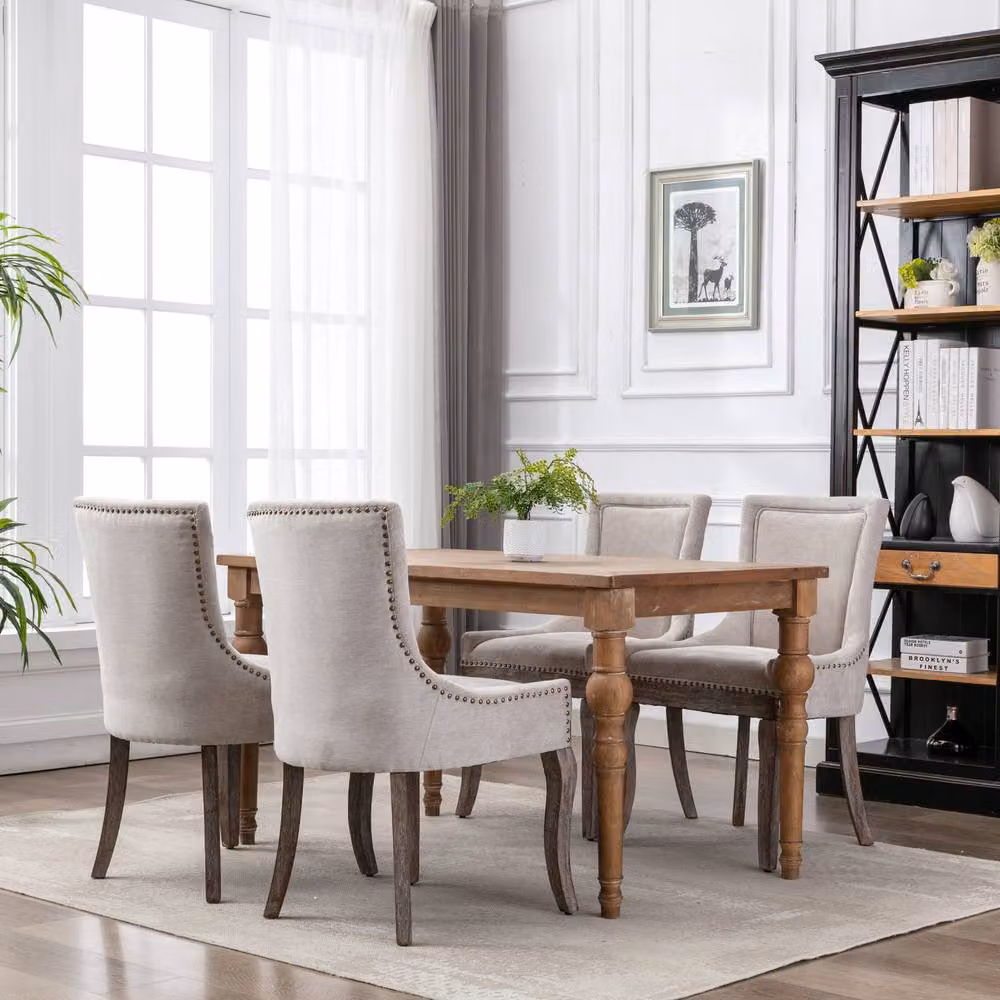 HomeTouch Bewley Set of 4 Plush Linen Upholstered Dining Chairs in Beige and Grey with Oak Wood Legs – 2