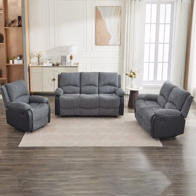 Furniture One Grey Corduroy Sectional Recliner Sofa Set