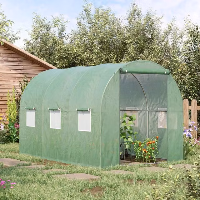 OUTSUNNY Walk in Polytunnel Greenhouse in Dark Green with Galvanised Steel Frame and Zipped Door – 1